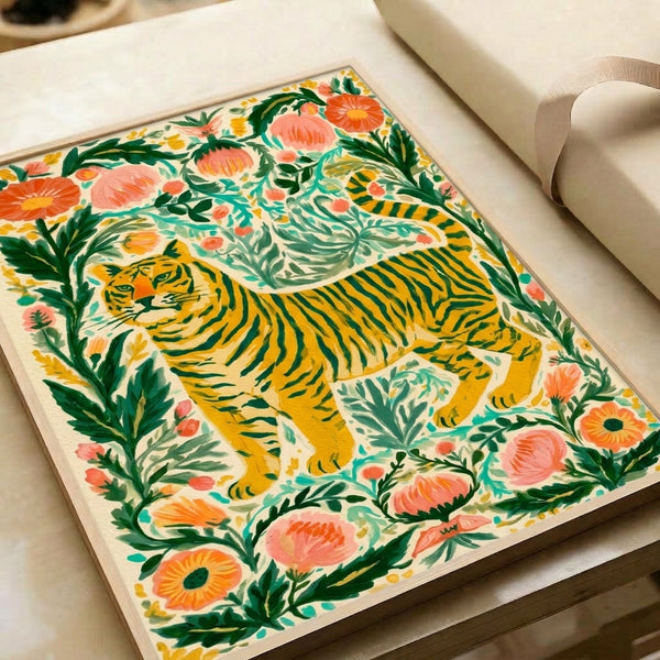 Boho wall art featuring a gentle tiger surrounded by ornamental plants and flowers rendered in folk art style with a calming palette of cream, forest green, golden yellow, and coral pink tones.
