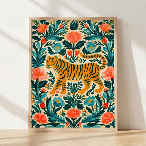 Boho folk art poster featuring a stylized tiger surrounded by blooming peonies and leafy botanical elements in cream, coral pink, forest green, and golden yellow tones.