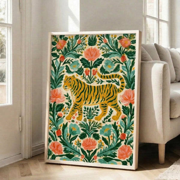 Whimsical cottagecore wall print showcasing an illustrated tiger nestled among peony flowers and foliage in earthy cream, teal, and pink hues.