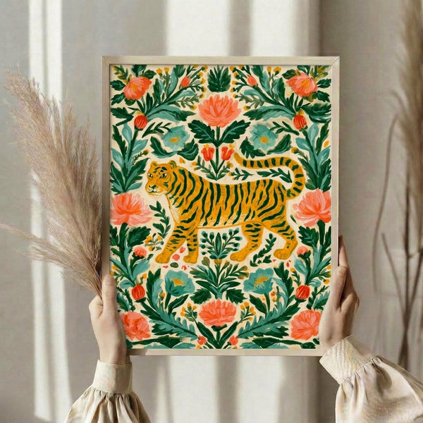 Folk-inspired poster art with an eclectic tiger and peony garden scene rendered in warm cream, coral, and cool forest green and teal palette.