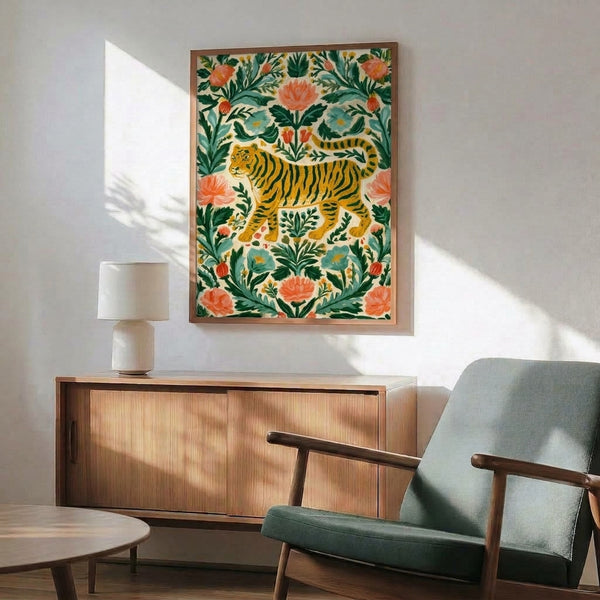Boho nature print displaying a stylized tiger amid blooming peonies and botanical leaves in a whimsical palette of cream, golden yellow, coral pink, and teal.
