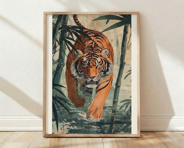 Modern line art poster of a prowling tiger among bamboo stalks and forest foliage in rust orange, forest green, and sage tones on cream background.