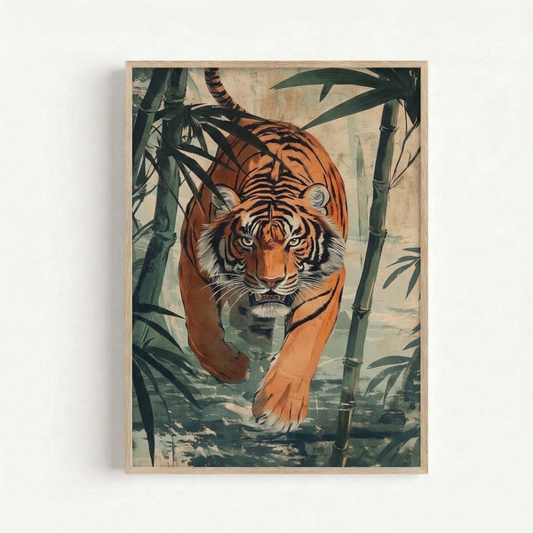 Framed boho wall art featuring a contemplative tiger walking through dense bamboo in minimalist line style with earthy rust, green, and black accents.
