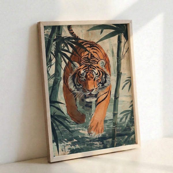 Wild elegance tiger poster in contemporary line art style, surrounded by swaying bamboo and leafy plants in warm rust and cool forest green hues.