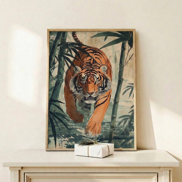Minimalist tiger illustration moving through a bamboo forest scene with calm, sophisticated palette of cream, sage green, rust orange, and black linework.