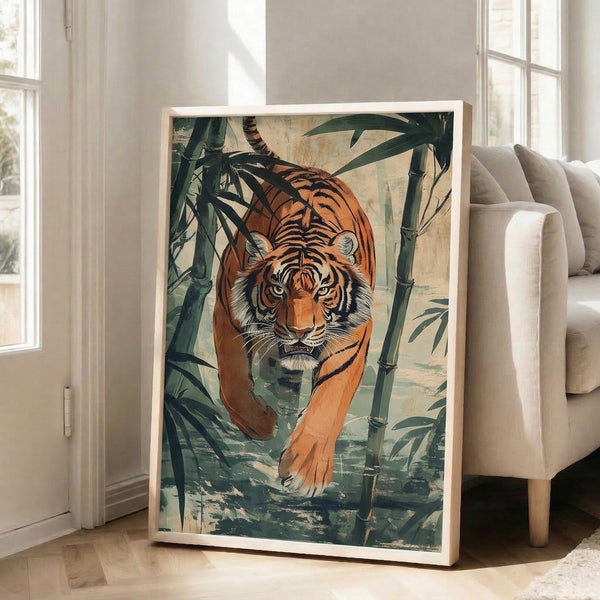 Boho tiger wall print showcasing a serene prowling cat amid ornate bamboo foliage in earthy rust and forest green tones on light background.
