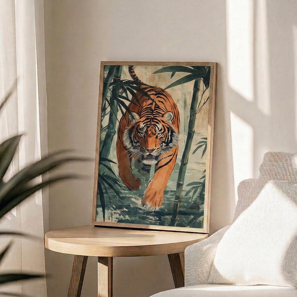 Modern line art tiger poster with meditative mood, set within stylized bamboo and forest plants rendered in rust, sage, and forest green.