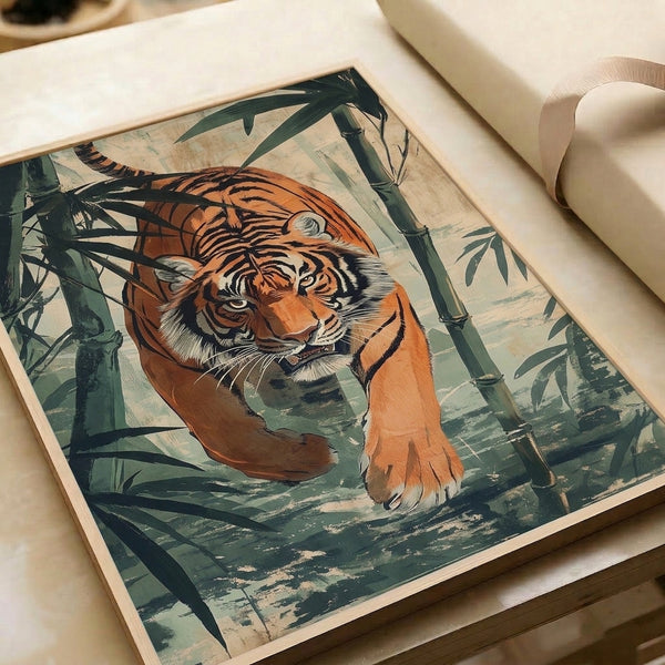 Contemporary tiger wall art in minimalist line style, surrounded by layered bamboo and foliage in a calm palette of cream, rust orange, and deep green.
