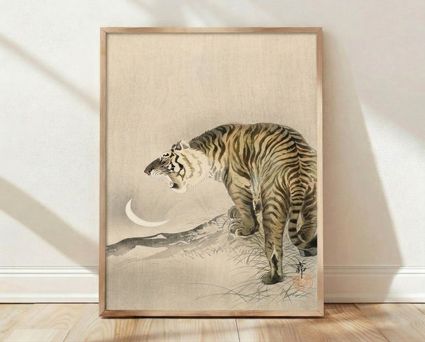 Serene Japanese woodblock-style poster featuring a tiger beneath a crescent moon in minimalist composition with cream, black, and ochre tones.