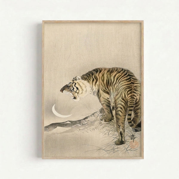 Framed art print depicting a contemplative tiger in a moonlit landscape, rendered in traditional Japanese woodblock aesthetic with muted earth tones.