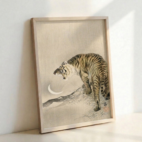 Mystical poster artwork showing a tiger silhouette against a glowing moon in zen-inspired minimalist design, predominantly cream and black.