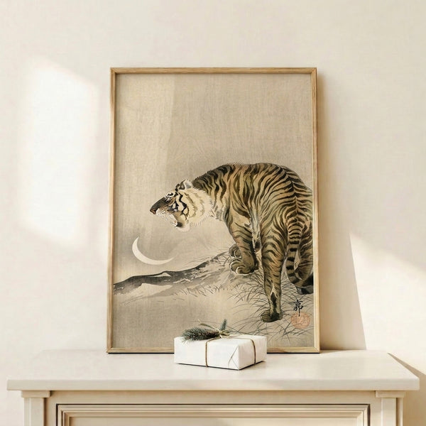 Japanese woodblock print wall art featuring a solitary tiger in tall grass under a crescent moon, evoking calm and introspection.