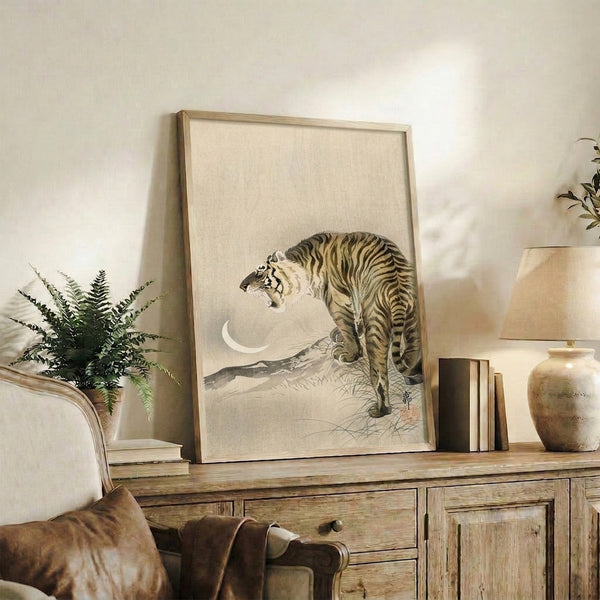 Contemplative wall art in Japanese woodblock style portraying a tiger beneath moonlight in a sparse, peaceful composition.
