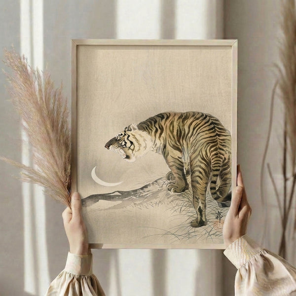 Framed art featuring a mystical tiger beneath a luminous moon in minimalist Japanese woodblock design with muted natural colors.
