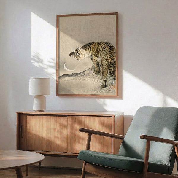 Serene landscape poster depicting a tiger under moonlight in traditional woodblock style, using cream, black, and ochre in a contemplative scene.
