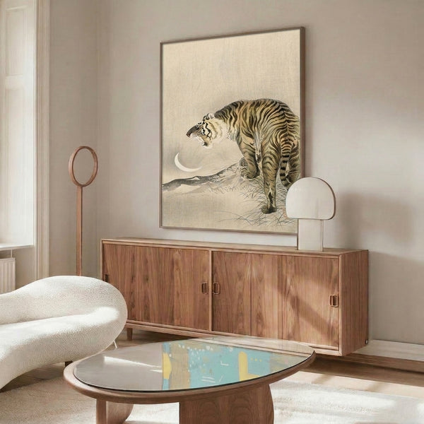 Framed poster artwork showing a peaceful tiger in moonlit grassland, executed in zen minimalist style with soft cream and tan palette.
