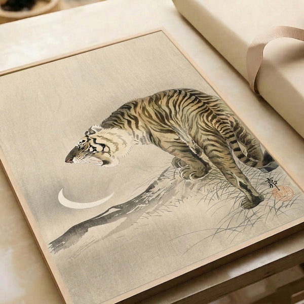 Mystical tiger poster in Japanese woodblock aesthetic, featuring the animal beneath a glowing moon in a spare, contemplative landscape.