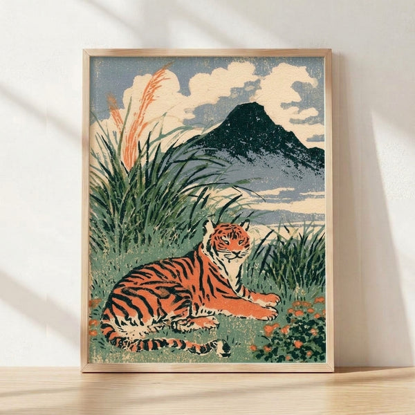 Japanese woodblock-style framed poster featuring a majestic tiger among mountain peaks, flowering grasses, and rolling clouds in slate blue, cream, and forest green tones.