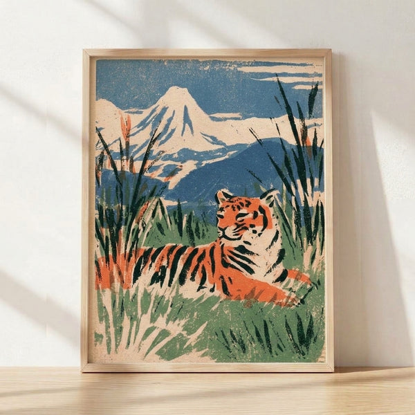 Vintage Japanese woodblock poster depicting a tiger amid reeds with Mount Fuji in the distance, rendered in teal blue, cream, and sage green tones with bold black linework.