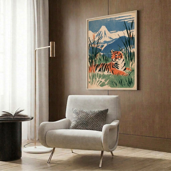 Framed art print of a serene tiger landscape in traditional Japanese woodblock style, featuring warm orange-red and cool blue hues with a contemplative mountain scene.
