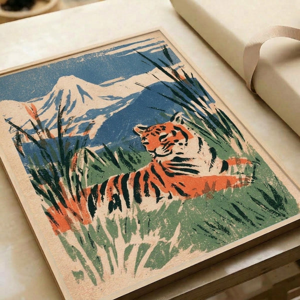 Japanese-inspired woodblock print showing a tiger in natural harmony with its environment, mountain backdrop, and reed grasses in a palette of teal, cream, and muted greens.