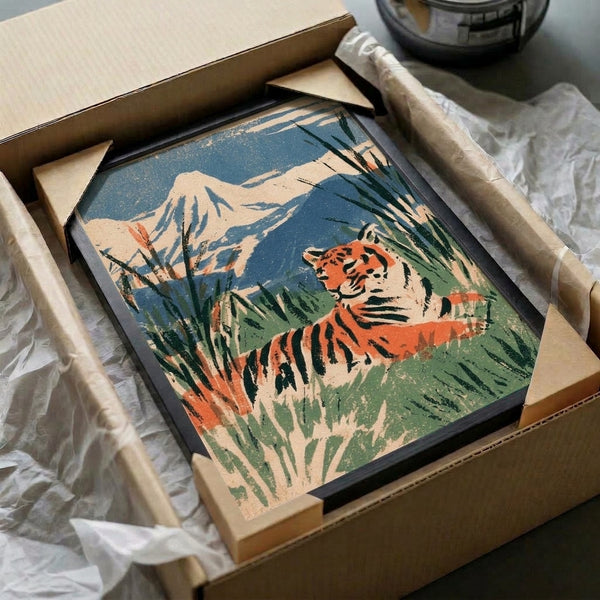 Vintage woodblock-style poster art of a tranquil tiger and Mount Fuji landscape, combining naturalistic imagery with traditional Japanese aesthetics in cream, blue, and earthy tones.