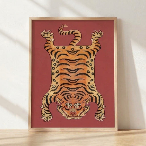 Bold Korean folk art tiger rug print featuring a terracotta and cream colored tiger with black accents and rust red details, displayed as framed wall art in a traditional decorative style.
