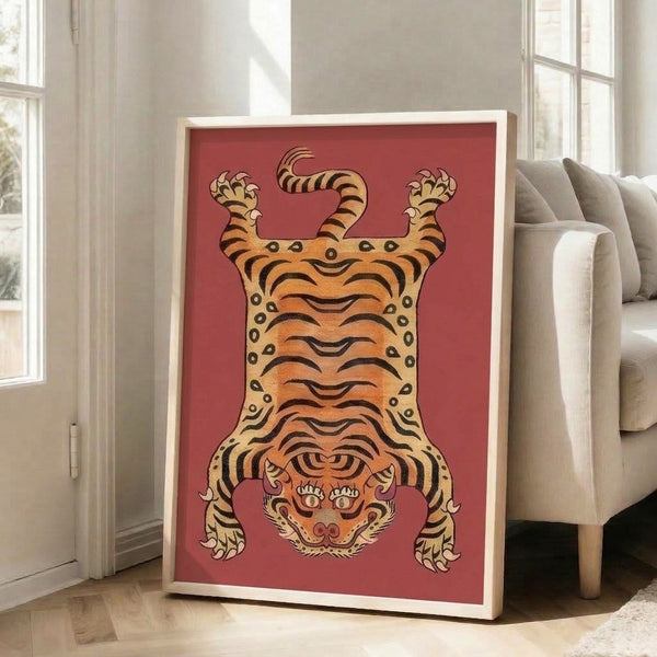 Framed folk art poster of a stylized tiger rendered in warm terracotta, cream, and rust tones with bold black outlines, showcasing traditional Asian textile design patterns.