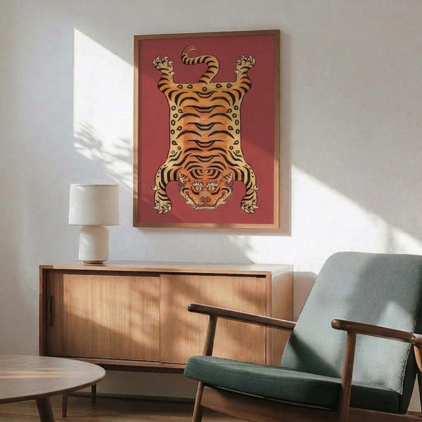 Decorative folk art tiger portrait in rust red, cream, and terracotta tones with bold traditional motifs, presented as a framed print for wall display.