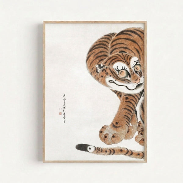 Ink wash painting of a curled tiger rendered in traditional Japanese woodblock technique, featuring delicate linework and earthy tan and black tones on light background.