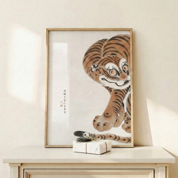 Whimsical Japanese-inspired tiger print with fine line work characteristic of traditional woodblock art, rendered in black, tan, and warm orange tones.