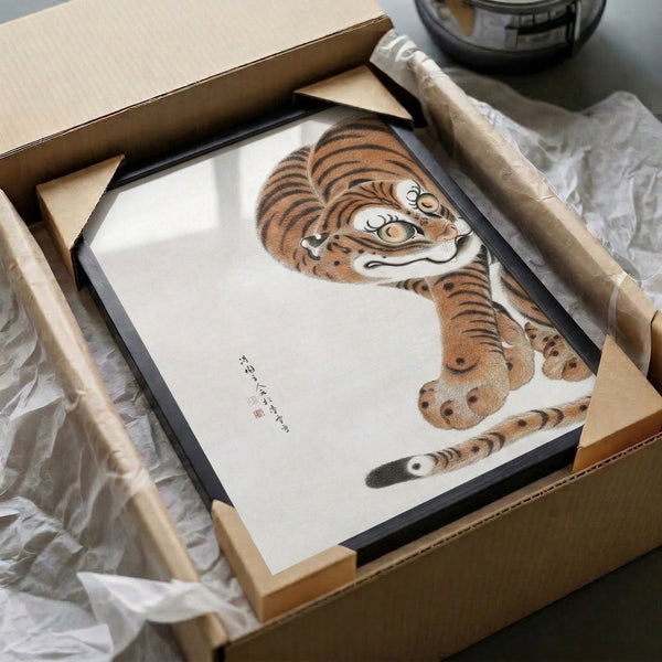 Japandi-style tiger print featuring intricate black line art inspired by historical Japanese woodblock technique, with warm accent colors on neutral background.