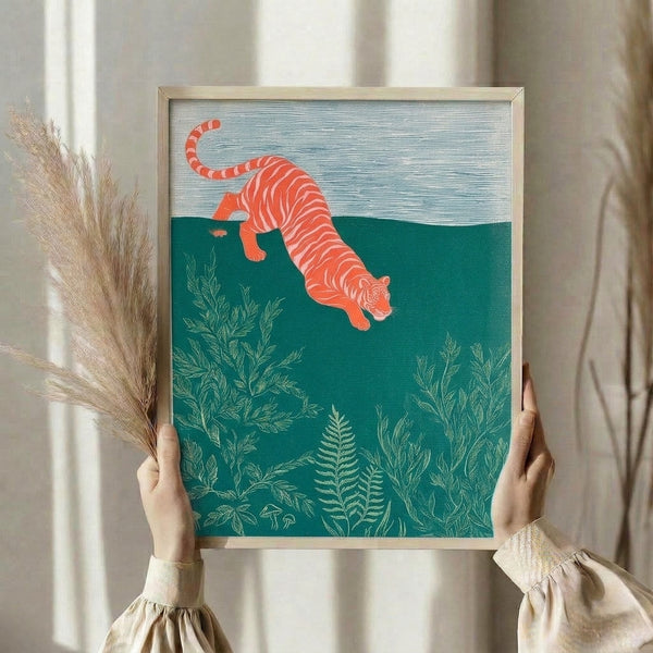 Vintage-style woodblock art of a dynamic tiger in motion amid serene botanical elements including water plants and fungi in coral, teal, and soft green tones.