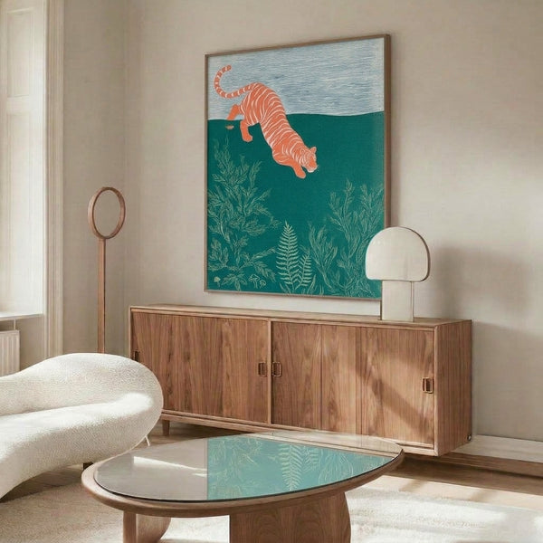 Framed Japanese woodblock poster depicting a graceful tiger leaping through stylized aquatic flora and fungi rendered in earthy coral and cooling teal hues with minimalist line work.
