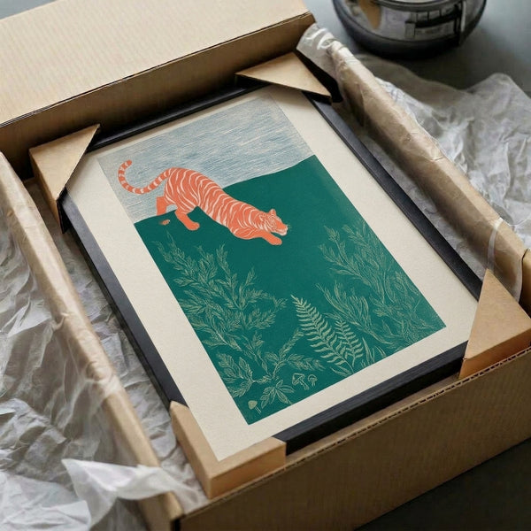 Serene woodblock print showing a tiger framed by naturalistic seaweed, mushrooms, and floating plants in coral orange, teal green, and cream, evoking traditional Japanese aesthetic.