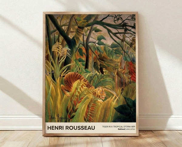 Rousseau's dramatic jungle scene featuring a striped tiger amid dense tropical vegetation during a violent storm, rendered in rich forest greens and golden yellows.