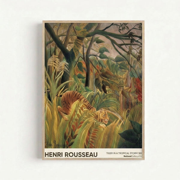 Framed impressionist artwork depicting a wild tiger prowling through rain-soaked jungle foliage in dark greens and burnt orange tones, evoking mystery and natural chaos.