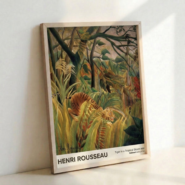 Henri Rousseau's moody tropical storm painting with a fierce tiger emerging from lush vegetation, dominated by deep forest greens and atmospheric cream-colored sky.
