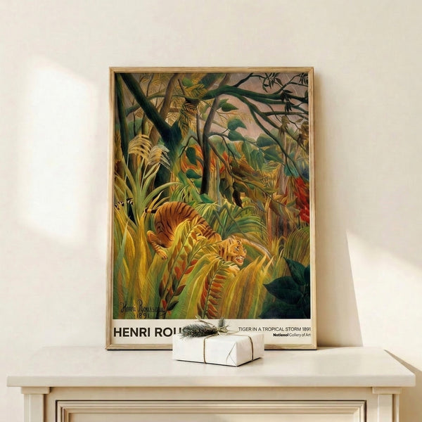 Vintage-style jungle poster showing a tiger in torrential rain among dense trees and plants, with striking contrasts of golden yellow and deep brown vegetation.