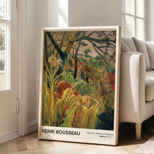 Modern wall art inspired by Rousseau's exotic landscape: a solitary tiger amid wild foliage and stormy conditions, painted in impressionist style with earthy greens and warm accents.