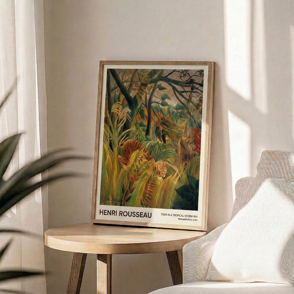 Dramatic impressionist-style poster of a striped tiger navigating through rain and dense jungle growth, utilizing a moody palette of forest green, burnt orange, and golden tones.