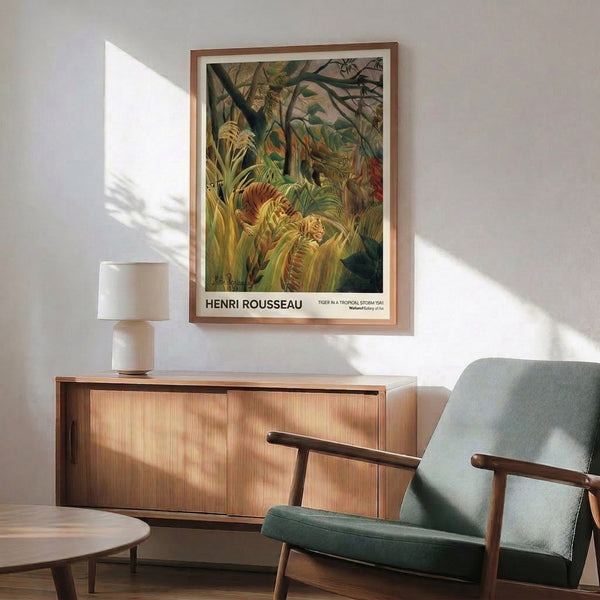 Mysterious tropical storm scene with a prowling tiger surrounded by shadowy vegetation and rain, rendered in Rousseau's modern impressionist style with rich greens and warm highlights.