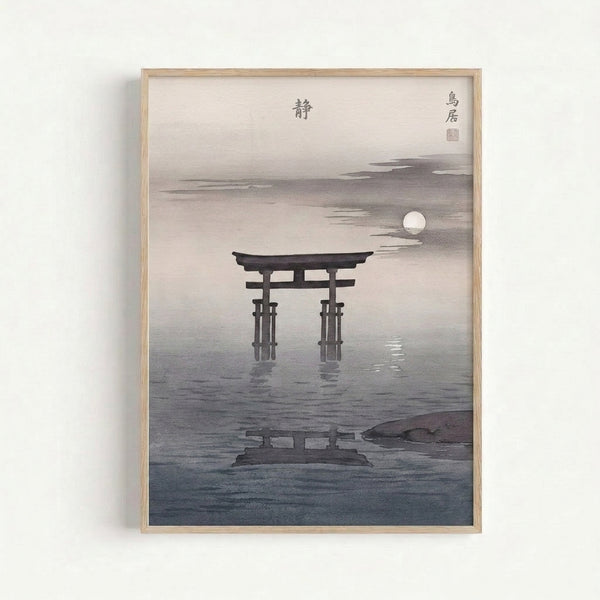 Serene Japandi art print showing a moonlit torii gate with its reflection in calm water beneath a pale sky, executed in soft monochromatic shades.