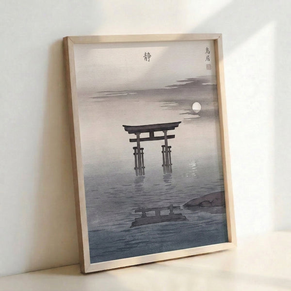 Contemplative landscape poster in Japanese aesthetic depicting a solitary torii gate framed by moon and water, with charcoal and cream brushwork creating meditative mood.