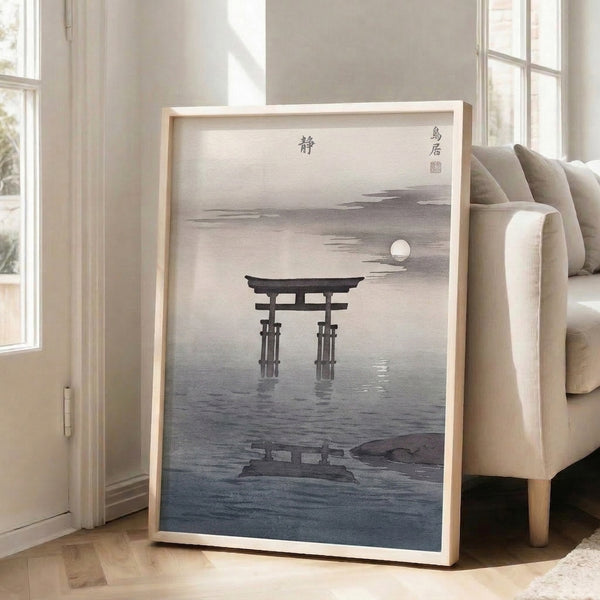 Peaceful framed wall art featuring a torii gate silhouette against moonlight and water reflection, combining minimalist design with traditional Japanese woodblock influence.