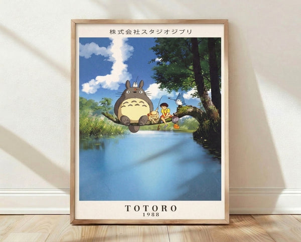 Whimsical watercolor poster featuring a gentle forest creature and child fishing by a serene river, painted in soft sky blues, forest greens, and creams, evoking magical childhood nostalgia in Japandi style.