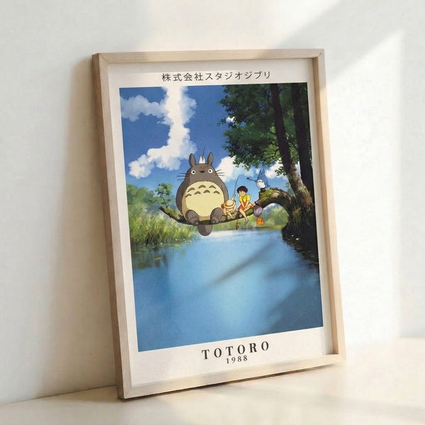 Nostalgic Japandi watercolor poster depicting a friendly forest spirit and child at the water's edge beneath clouded skies, using soft cream, blue, and green tones to capture enchanted wonder.