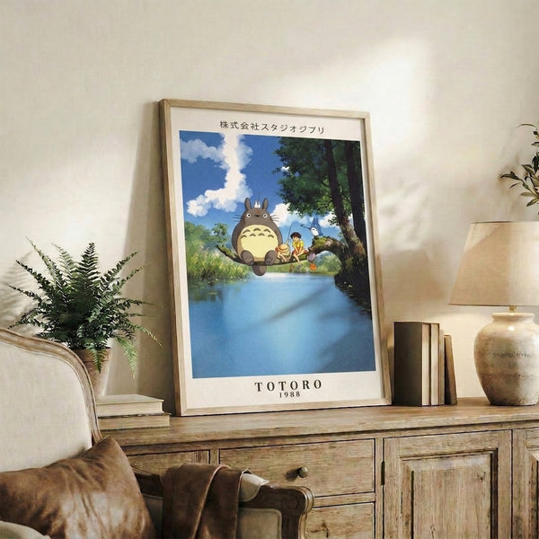 Magical watercolor poster featuring a beloved forest guardian and young companion by a tranquil river, rendered in soft greens and blues with touches of pale yellow, evoking childhood wonder.