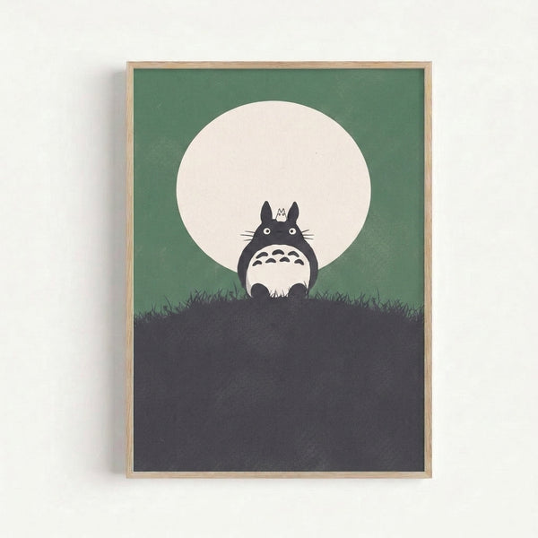 Studio Ghibli-inspired art print showing Totoro's profile against a moonlit night sky, with soft sage green and charcoal palette evoking nostalgia and tranquility.