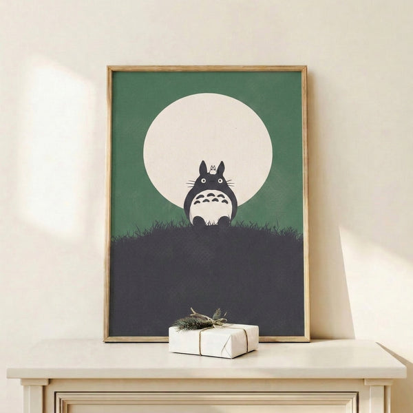 Totoro silhouette poster with moon and rolling hills, featuring a serene color scheme of sage green and charcoal on cream background in contemporary minimalist design.